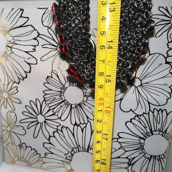 Vintage Braided Chainmail Necklace, Ruby Rhinestones, Heavy Weight Wide Collar - Picture 9 of 11